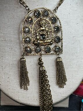 Vintage Buddha Gold Tone Rhinestone Pendant Necklace with Tassels